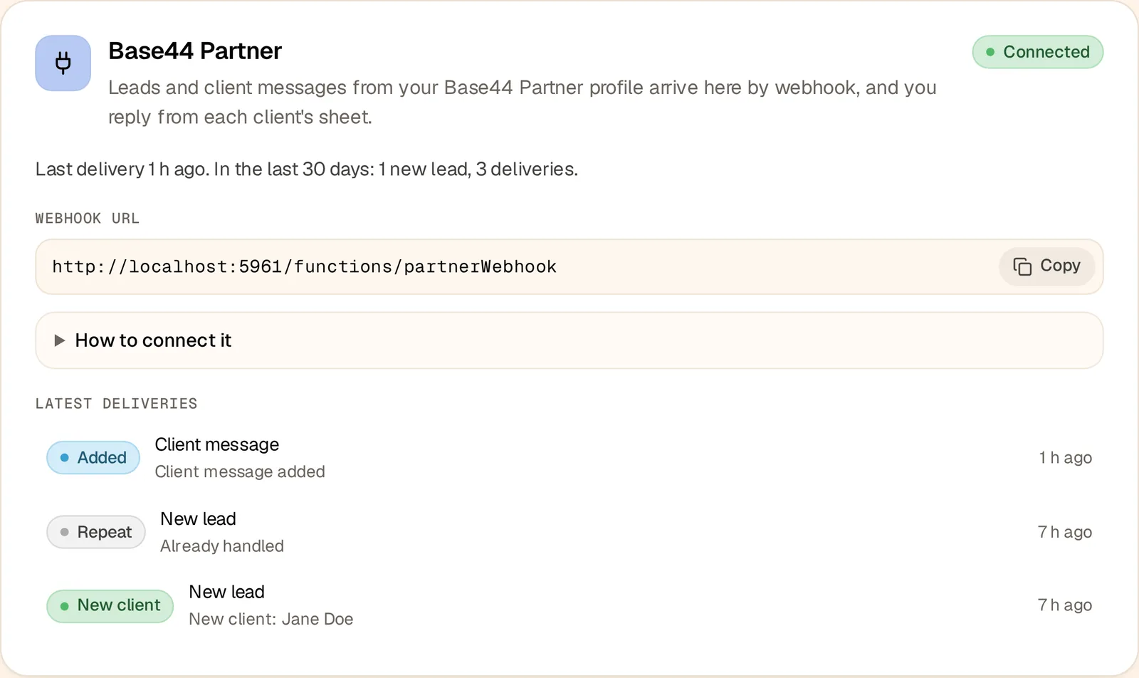 The Base44 Partner panel in AJ's admin, Connected, with a repeated new lead marked Repeat, Already handled