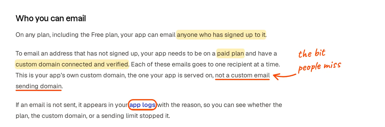 Base44 docs section Who you can email, with paid plan and custom domain connected and verified highlighted, and not a custom email sending domain underlined
