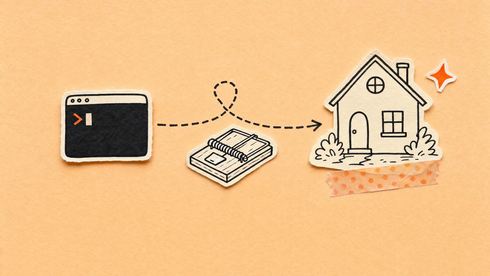 A black terminal window on peach paper with a dashed arrow looping towards a drawn house, passing a wooden mousetrap set halfway along the path.