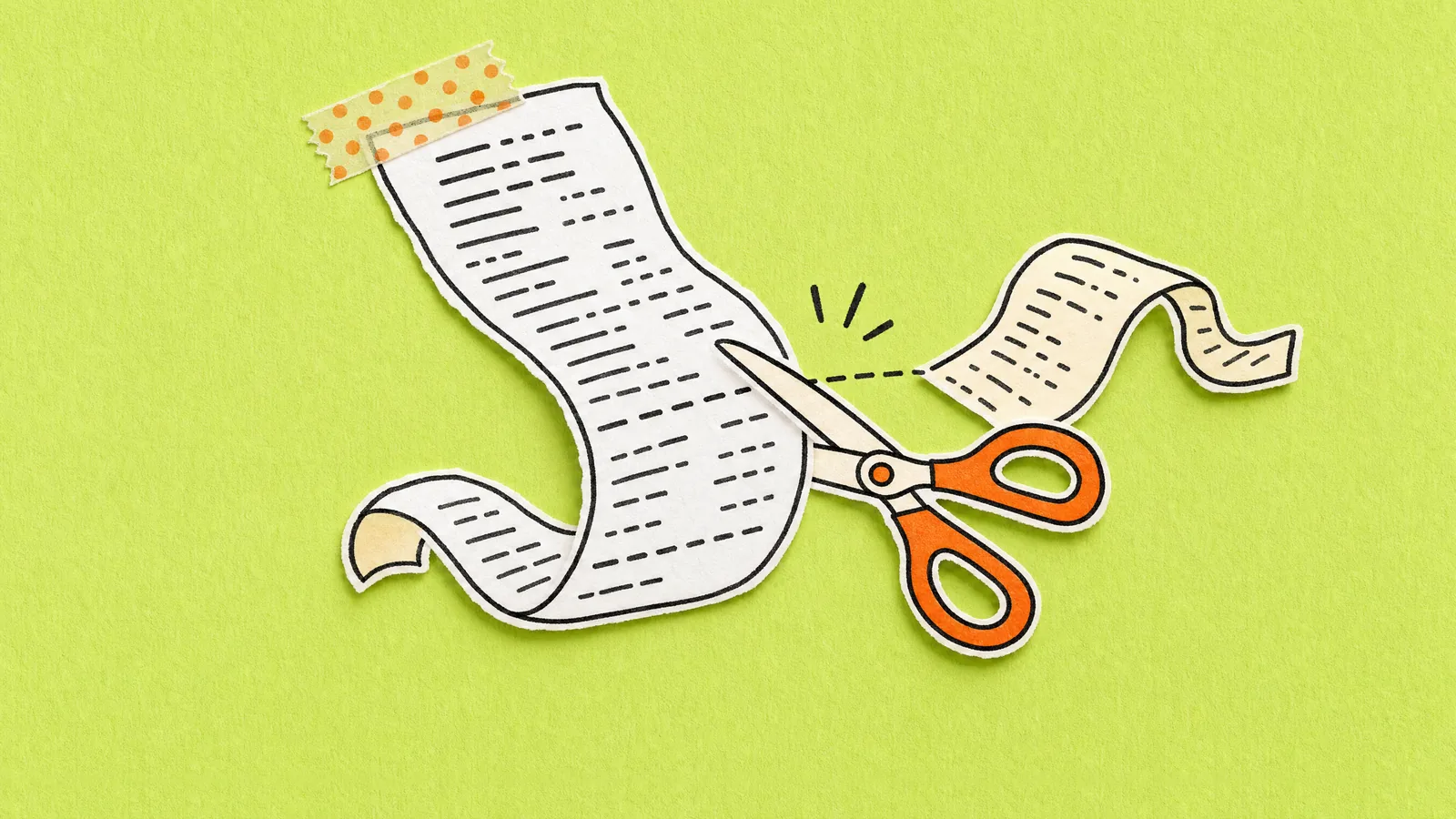 Scissors with orange handles snip a long, curling receipt of code lines on lime paper, and the trimmed strip curls away to one side.