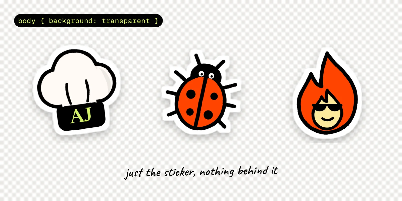 The same three emojis rendered with a transparent page background: only the die-cut stickers, with the checkerboard showing around them