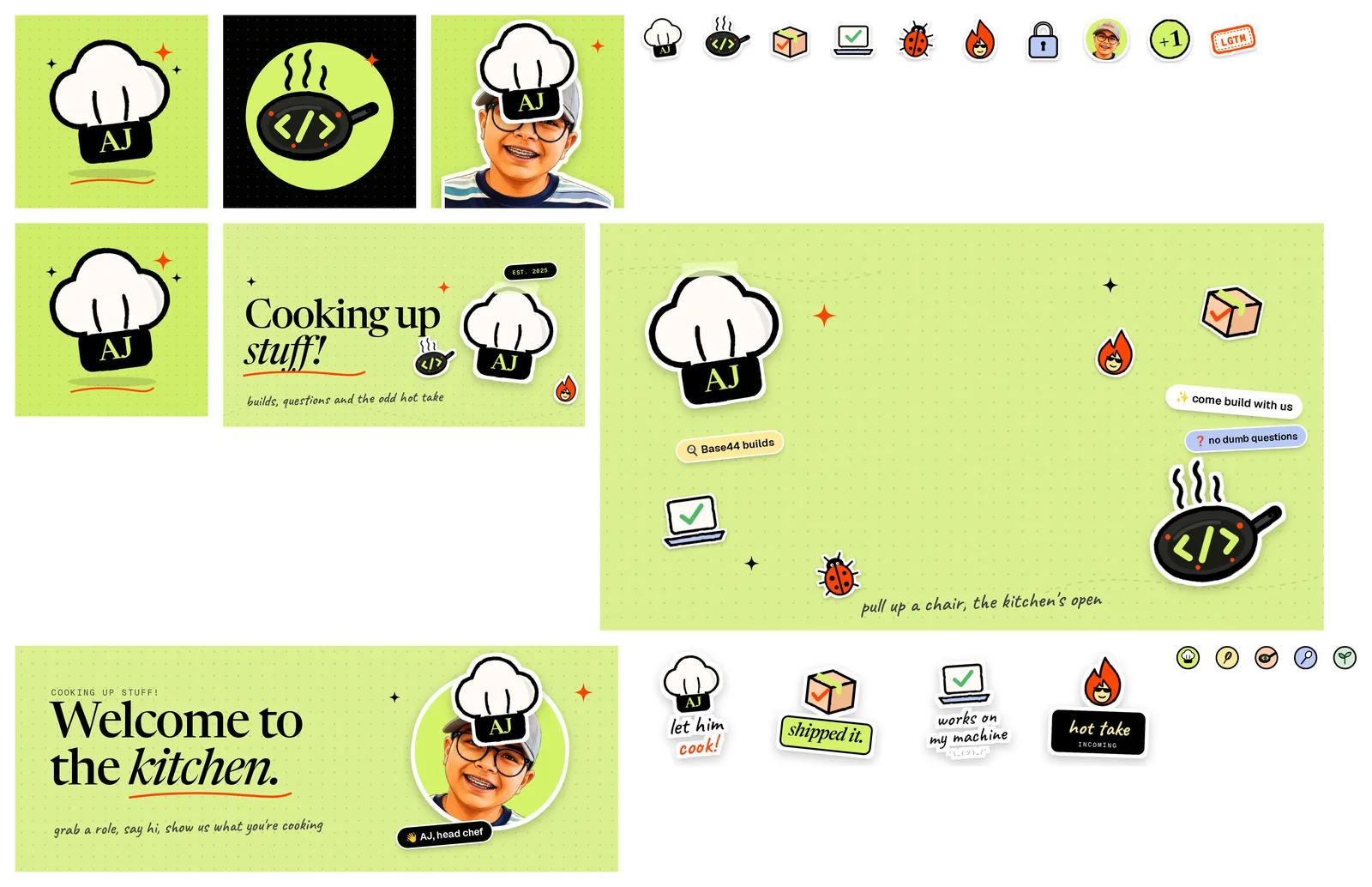 kit.html open in a browser: icons, emojis, banner, invite background, welcome header, stickers and role icons on one page