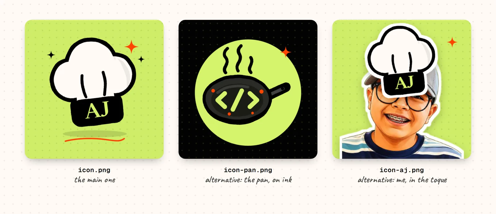 Three 512 px server icons: the AJ toque on lime, a pan of code on ink, and my illustrated portrait in the toque
