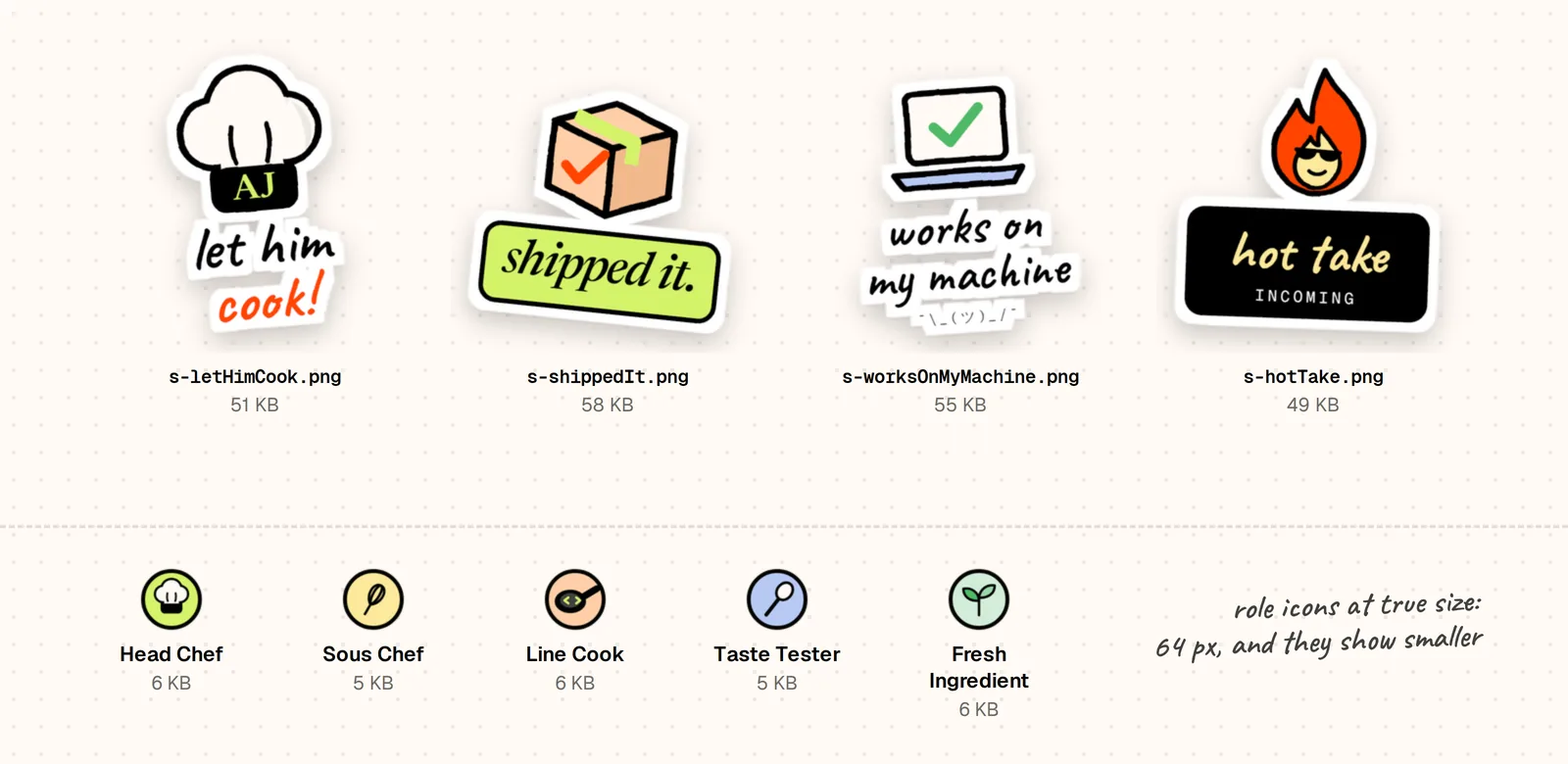 Four 320 px stickers above five 64 px role icons: Head Chef, Sous Chef, Line Cook, Taste Tester and Fresh Ingredient