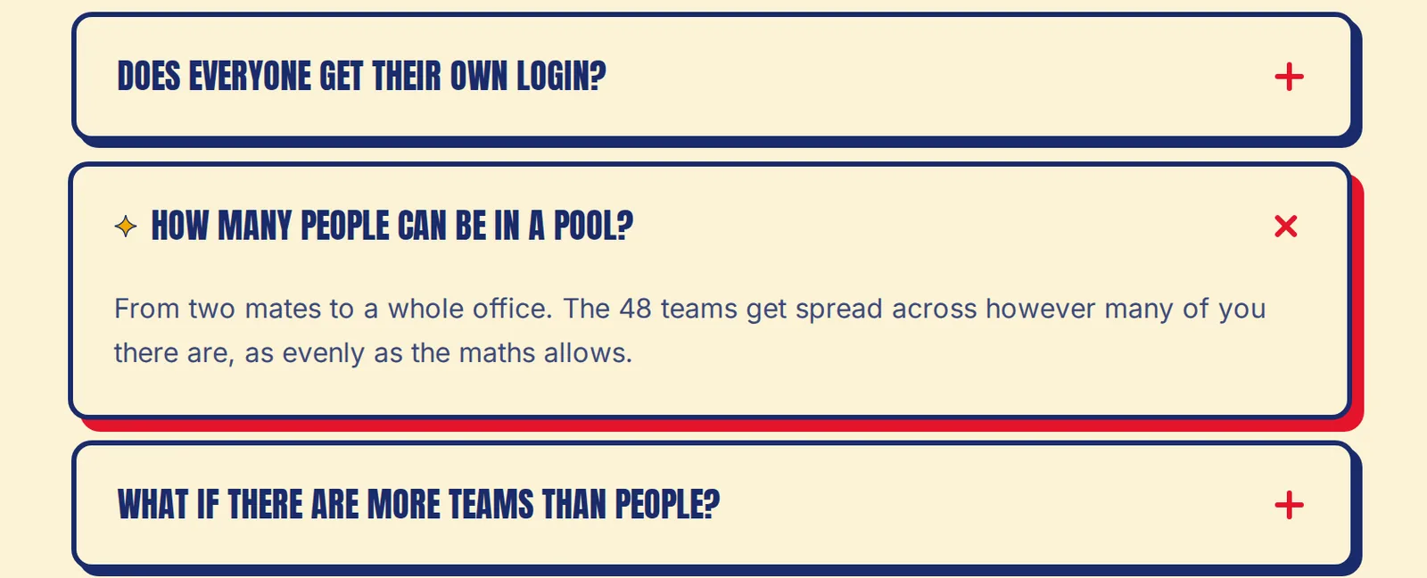 Hattle's live FAQ, open at how many people can be in a pool: the 48 teams get spread across however many of you there are, as evenly as the maths allows.