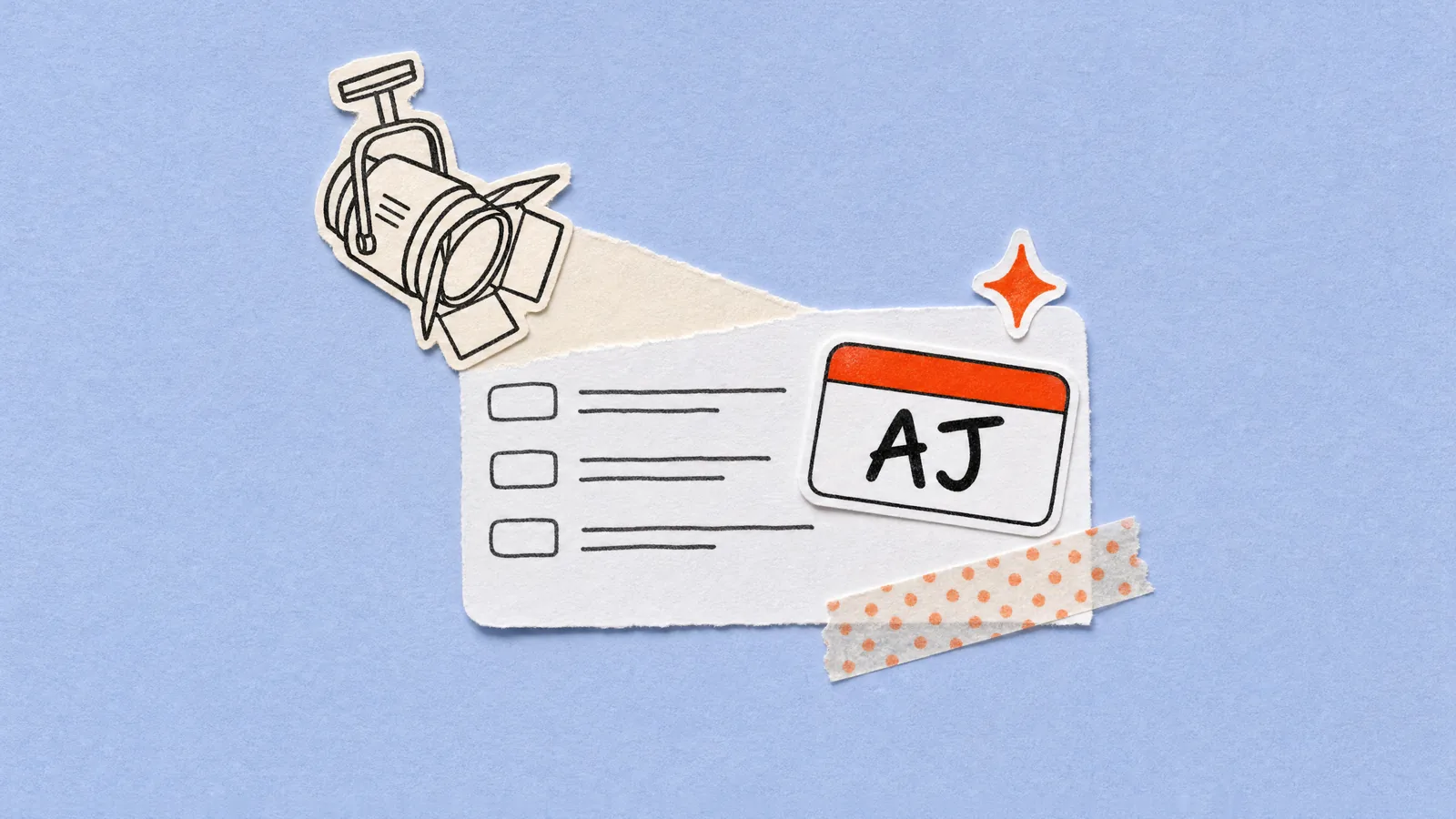 A drawn spotlight shines on a search result card on periwinkle paper, where a name tag sticker reading AJ is stuck beside the result lines.