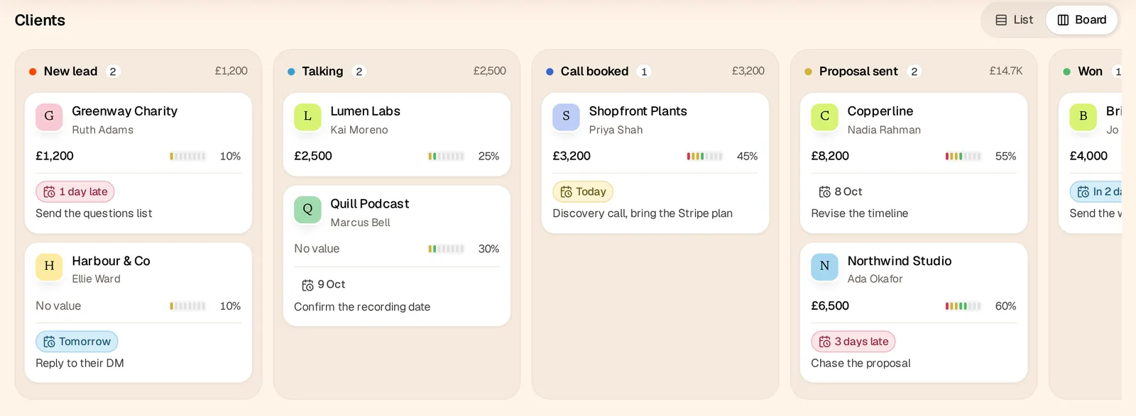 AJ's pipeline board with test data: New lead, Talking, Call booked and Proposal sent columns, each card showing a client, its value, win chance and next step