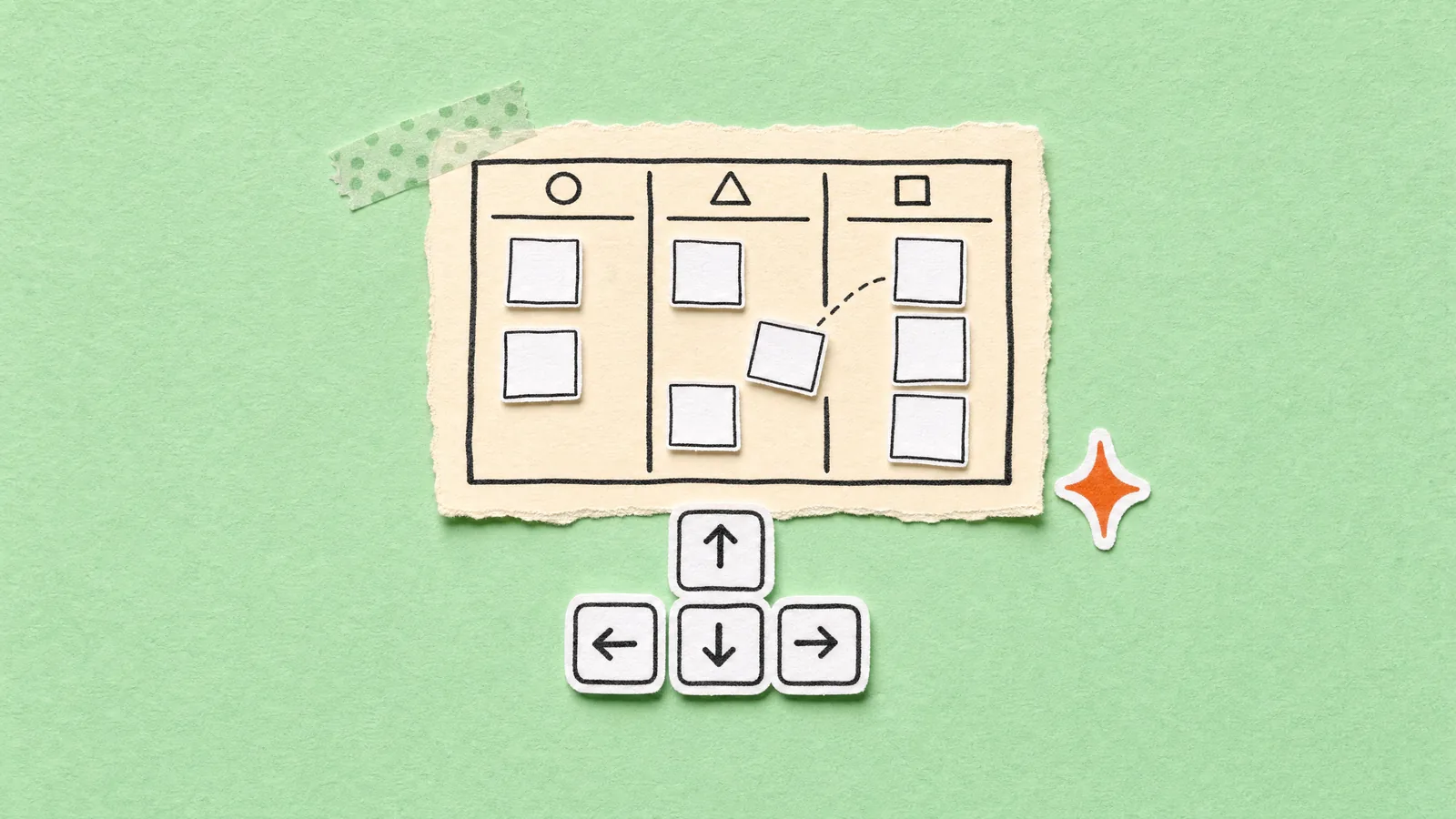 A small three-column kanban board of blank sticky notes with one note lifted between columns, above four arrow keycaps, on mint paper.
