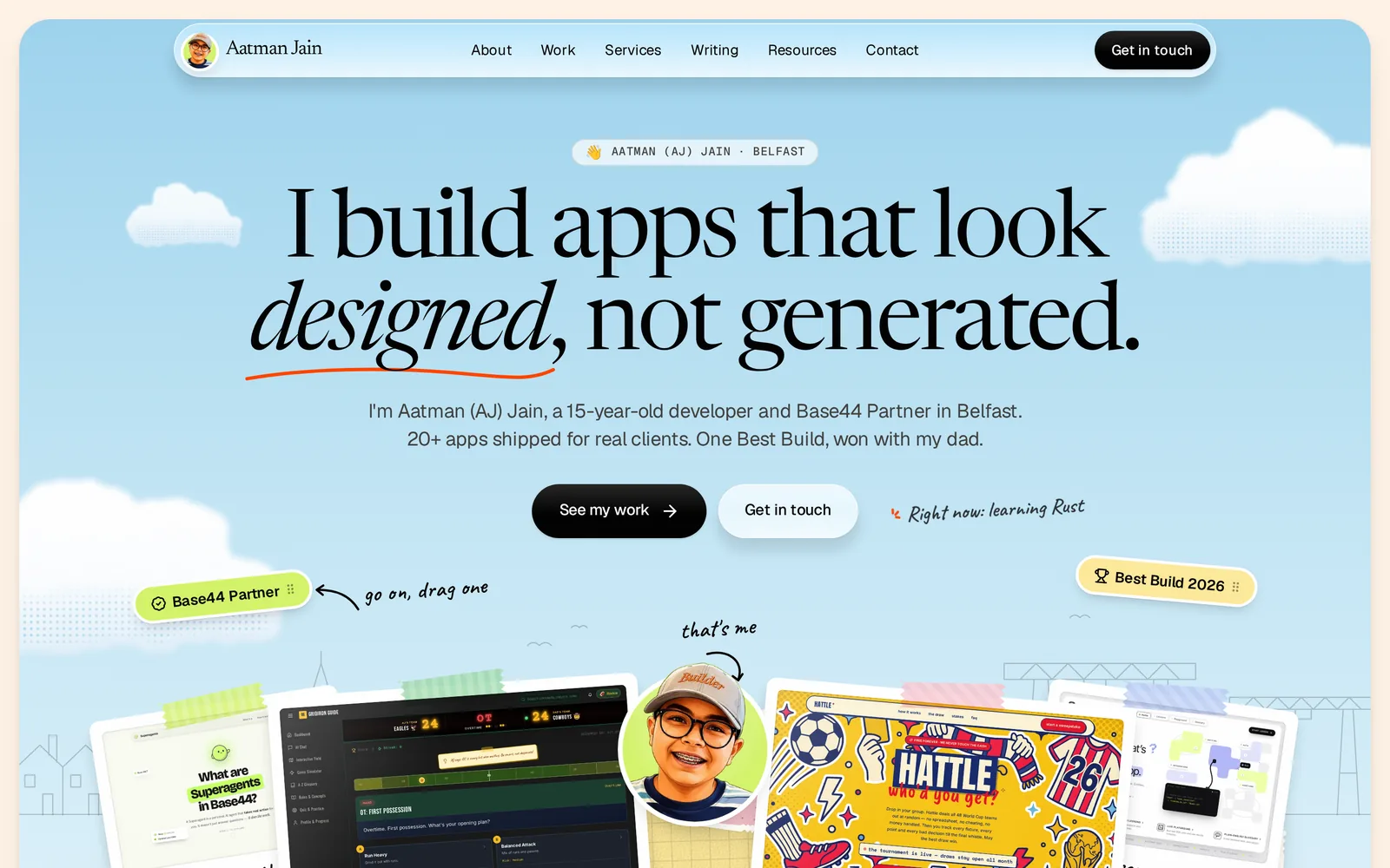 Screenshot of the aatmanjain.com home page: a sky and cloud hero, a large serif headline reading I build apps that look designed, not generated, and scrapbook cards of real projects