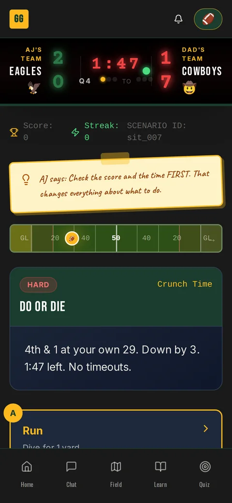Game Situations on a phone: a do-or-die fourth down scenario under a tied scoreboard.