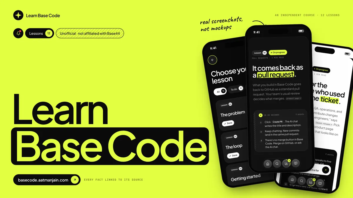 Learn Base Code in huge black type on lime with Base Code boxed in black, three phones showing the lesson index, the Pull requests lesson and the Who it is for lesson, and a handwritten note: real screenshots, not mockups.