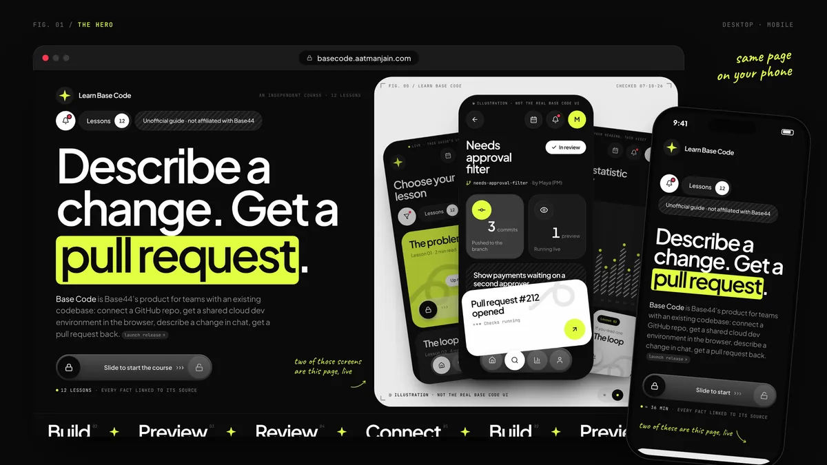 A browser window at basecode.aatmanjain.com showing the hero, Describe a change. Get a pull request., with a phone showing the same hero on mobile.