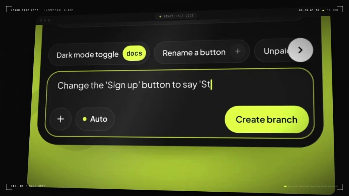 A frame from the launch film: a lime-framed chat box from the guide typing a change request next to a Create branch button.