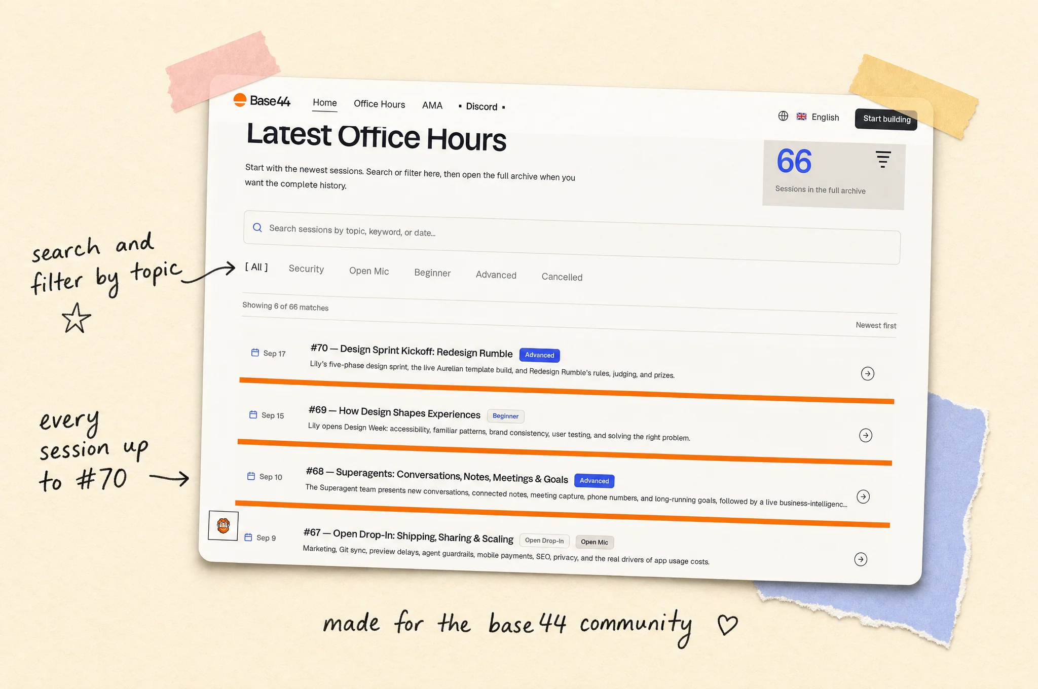 My unofficial Base44 Office Hours archive, with search and topic filters, pinned into a scrapbook page with a note saying every session up to #70.