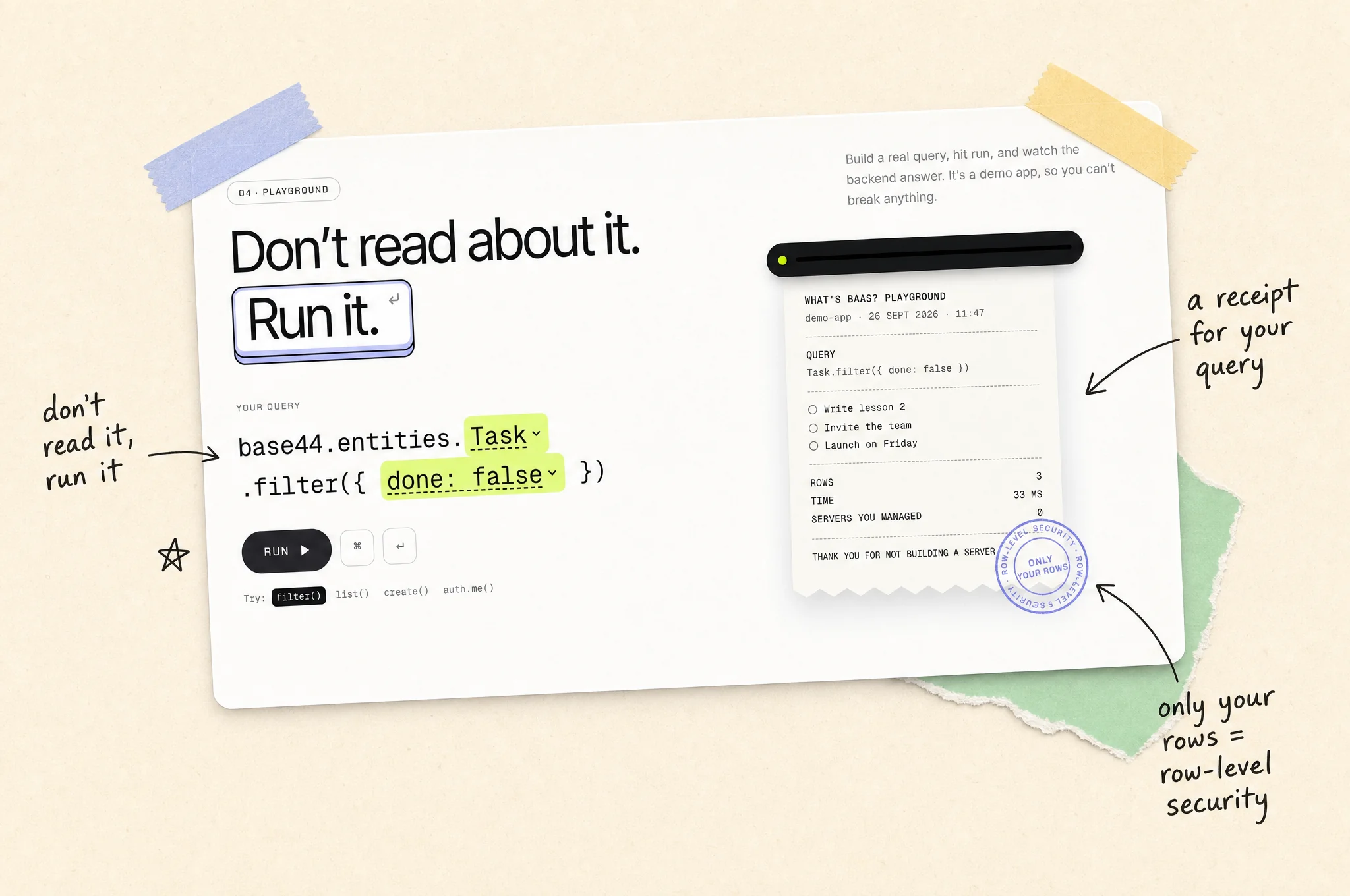The What's BaaS? playground printing a receipt for a query, pinned into a scrapbook page with notes: don't read it, run it, only your rows = row-level security.