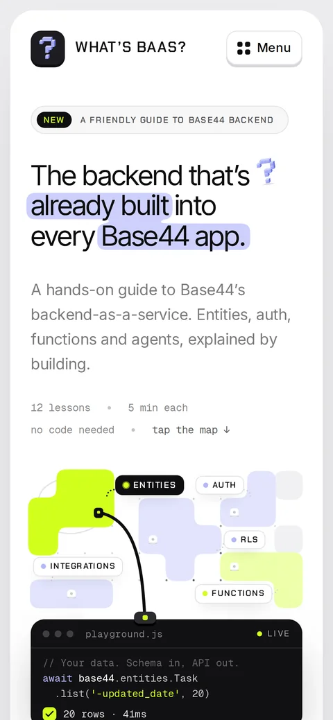 The What's BaaS? homepage on a phone, with the backend map and code panel.