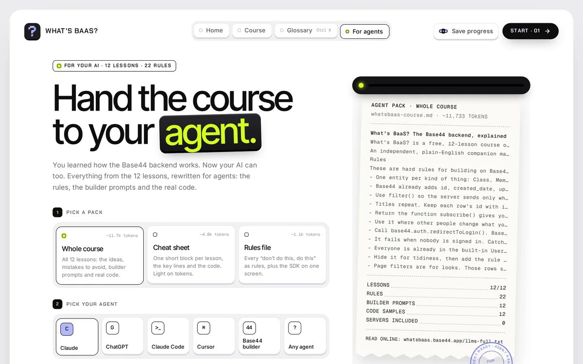 The For agents page, where the whole course can be copied as Markdown for Claude, ChatGPT, Cursor and other AI tools.